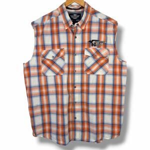 Harley Davidson Mens Plaid Sleeveless Shirt Snap Front Orange Blue White Size XL
